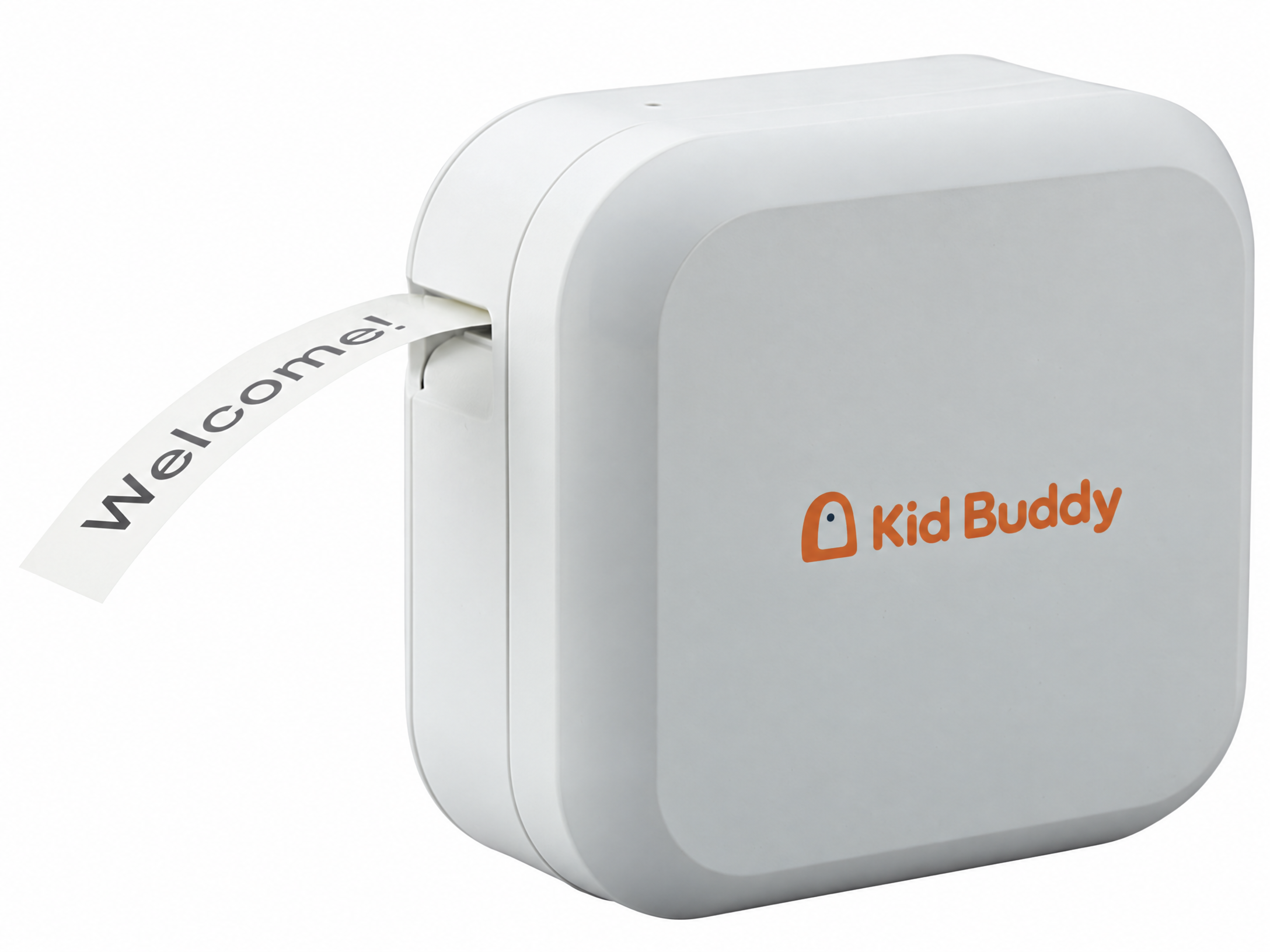 Kid Buddy AI Label Maker actively printing a welcome label